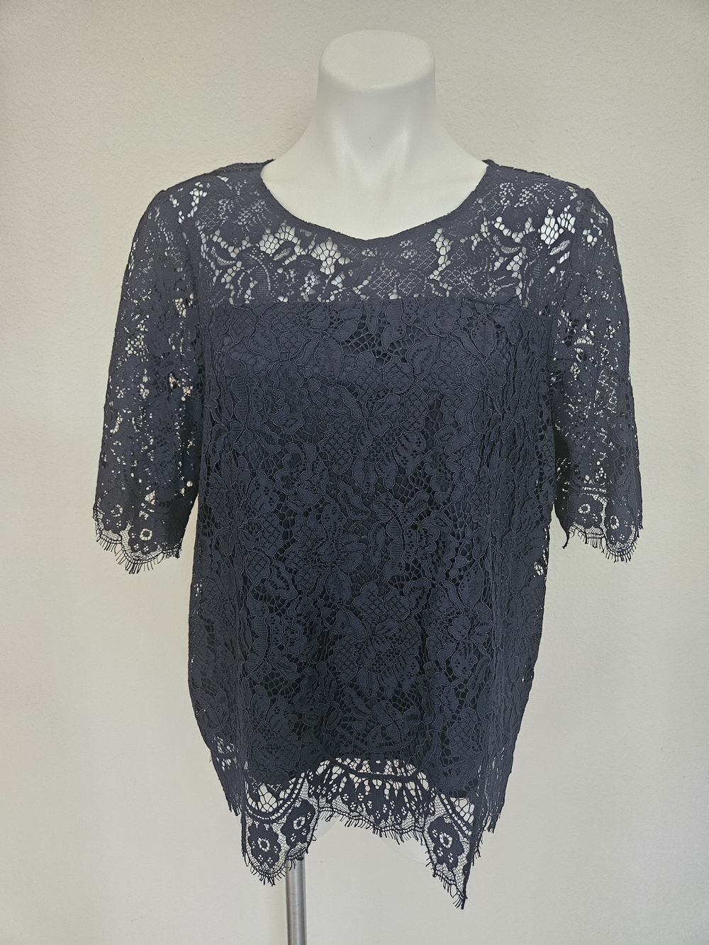 Adrianna Papell Navy Lace Short-Sleeve Blouse